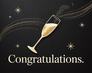 A celebratory champagne flute overflowing with bubbly liquid surrounded by sparkling gold stars and swirling golden ribbons on a dark background with the word congratulations