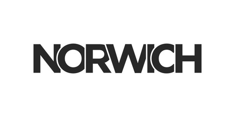 Norwich city in the United Kingdom design features a geometric style illustration with bold typography in a modern font on white background.