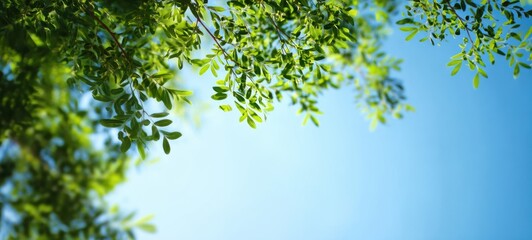 Obraz premium The green leaves framing a bright blue summer sky with sunlight