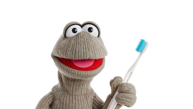 Playful sock puppet holding toothbrush promotes dental hygiene for kids on the transparent background