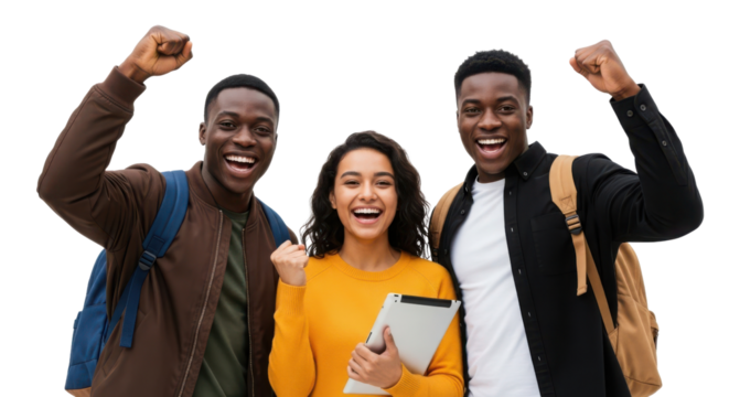 Group of diverse university students cheering with fists raised celebrating success and achievement isolated PNG with Transparent Background