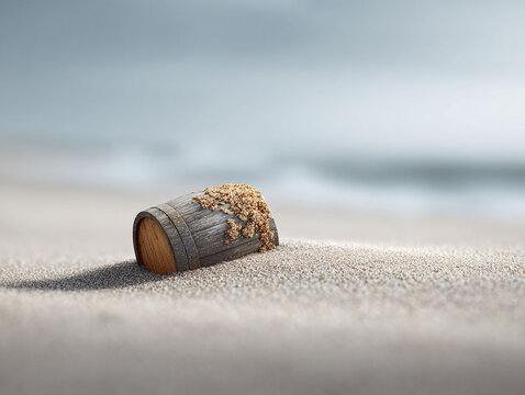 A small, weathered barrel rests on a sandy beach, conveying themes of abandonment, discovery, or hidden potential. Ideal for travel, finance, or mystery concepts.