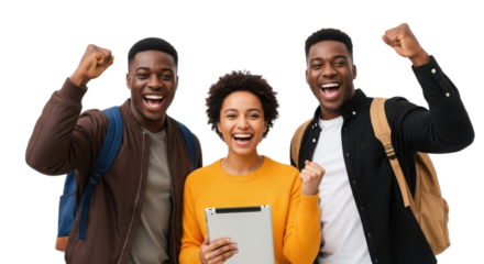 Triumphant young Black students or colleagues cheering success while holding a digital tablet isolated PNG with Transparent Background