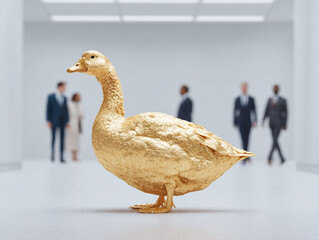 Golden goose amidst blurred business people. Metaphor for rarity, value, and standing out. Ideal for finance, investment, and unique opportunity themes.