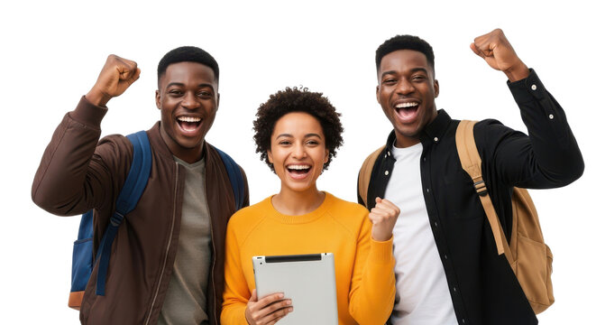 Triumphant young Black students or colleagues cheering success while holding a digital tablet isolated PNG with Transparent Background
