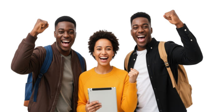 Triumphant young Black students or colleagues cheering success while holding a digital tablet isolated PNG with Transparent Background