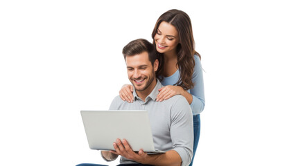 Happy smiling couple using a laptop together for online shopping or browsing a website. isolated PNG with Transparent Background