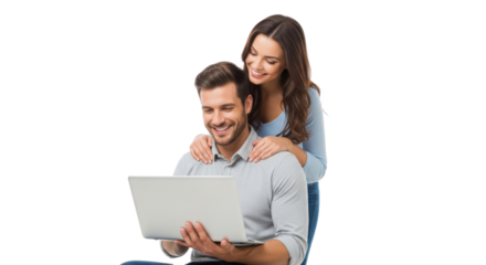 Happy smiling couple using a laptop together for online shopping or browsing a website. isolated PNG with Transparent Background