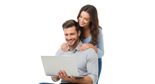 Happy smiling couple using a laptop together for online shopping or browsing a website. isolated PNG with Transparent Background