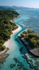Obraz premium Aerial Drone View of a Serene Tropical Island Coastline With Lush Green Vegetation Crystal Clear Turquoise Water and Underwater Coral Reefs Under Bright Sunlight