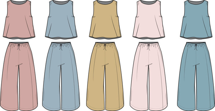 Fashion flat illustrations of women's sleeveless tops and wide-leg pants, presented in multiple colors for apparel design, pattern making, and technical fashion specifications