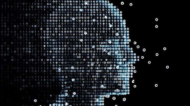 Digital human head profile glowing data particles, artificial intelligence face dissolving into cyber network, futuristic AI mind, machine learning technology, neural data visualization, abstract scie