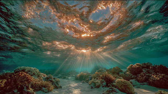 Sunlight Streaming Through Ocean Water Illuminating Vibrant Cora