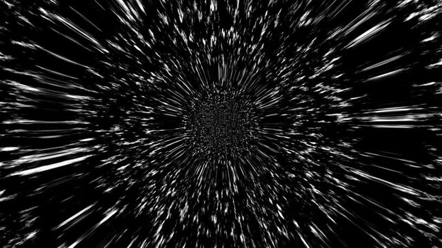 Abstract space warp tunnel background with fast radial motion and glowing star particles. Dynamic black and white hyperspace starfield motion. speed effect.