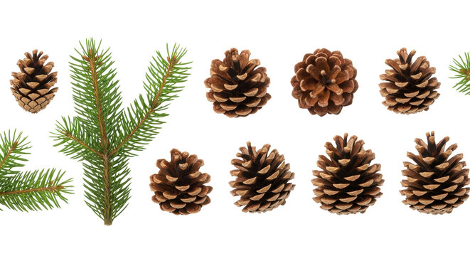 Seamless horizontal border design element with natural pine cones and fir tree branches isolated PNG with Transparent Background