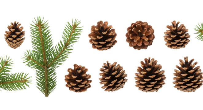 Seamless horizontal border design element with natural pine cones and fir tree branches isolated PNG with Transparent Background