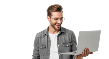 Smiling young professional holding and looking intently at a modern laptop computer for business use. isolated PNG with Transparent Background