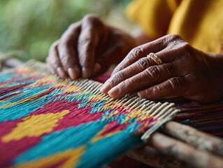 Closeup of skilled hands weaving vibrant textile patterns. Captures tradition, craftsmanship, culture, and artistry. Ideal for heritage, travel, and textilerelated themes.