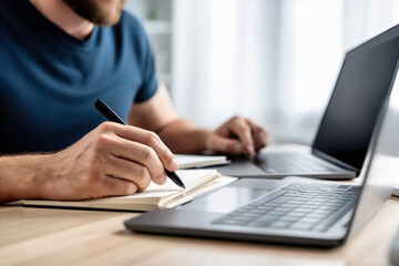 Person writing notes using pen near laptop