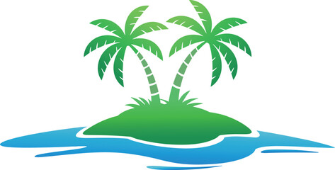 Gradient vector tropical island icon with palm trees and blue ocean waves vacation travel emblem