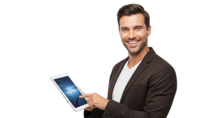 Confident young businessman smiling and pointing at a digital tablet touchscreen for technology demonstration. isolated PNG with Transparent Background