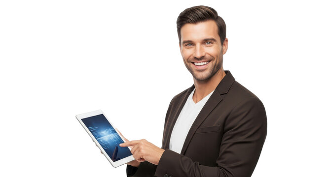 Confident young businessman smiling and pointing at a digital tablet touchscreen for technology demonstration. isolated PNG with Transparent Background
