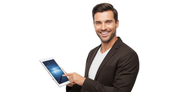 Confident young businessman smiling and pointing at a digital tablet touchscreen for technology demonstration. isolated PNG with Transparent Background