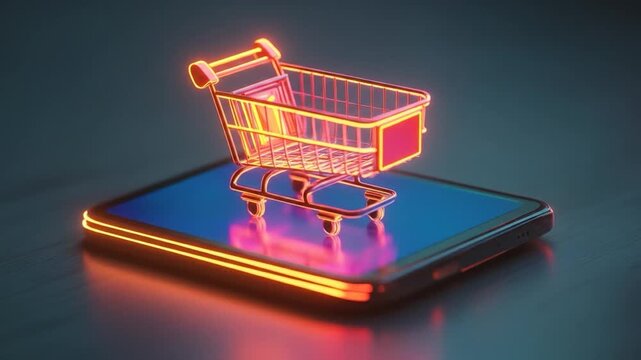 Neon cart on phone screen, representing online shopping with a blurred background