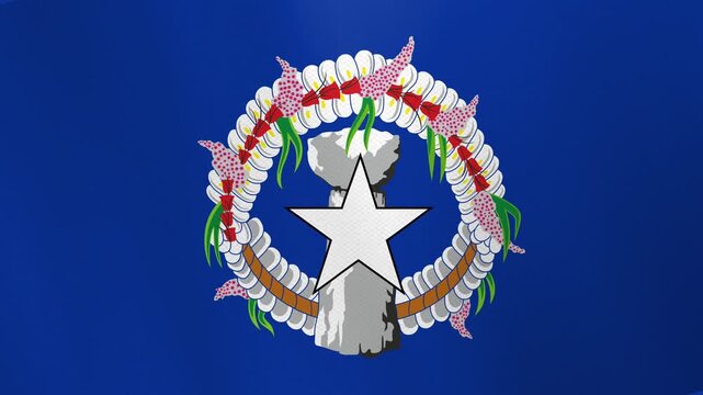 Flag of the Northern Mariana Islands, featuring a white star on a latte stone encircled by a floral wreath on a blue background.
