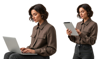Professional young woman using a laptop computer and digital tablet for business communication. isolated PNG with Transparent Background