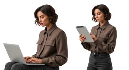 Professional young woman using a laptop computer and digital tablet for business communication. isolated PNG with Transparent Background