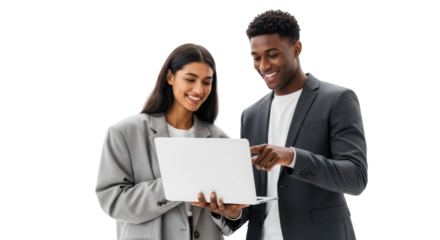 Diverse young business professionals working together on a laptop for collaboration and partnership isolated PNG with Transparent Background