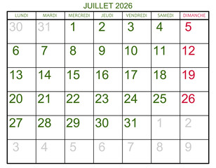 Grille calendrier pour le mois de juillet 2026	
