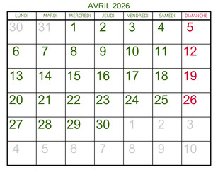 Grille calendrier pour le mois d'avril 2026	
