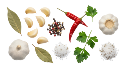 Top-down view of various culinary spices and seasonings for food preparation isolated PNG with Transparent Background