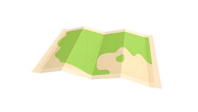 Cartoon Folded Map with Green Land Patches for Exploration and Travel on a Transparent Backdrop