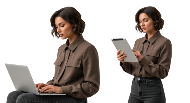 Professional young woman using a laptop computer and digital tablet for business communication. isolated PNG with Transparent Background