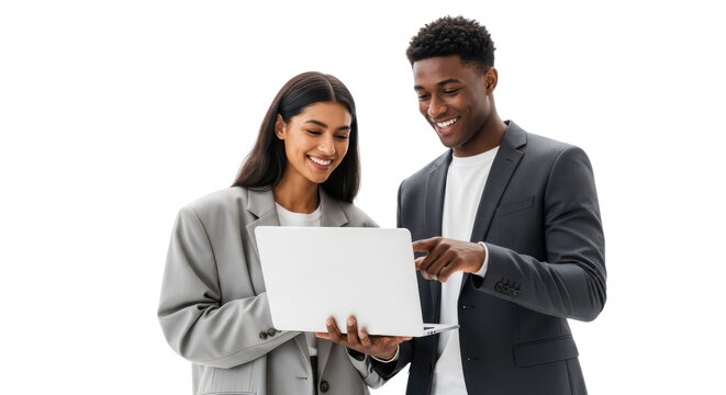 Diverse young business professionals working together on a laptop for collaboration and partnership isolated PNG with Transparent Background