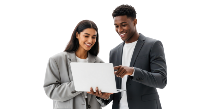Diverse young business professionals working together on a laptop for collaboration and partnership isolated PNG with Transparent Background