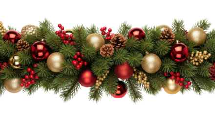 Festive Christmas pine garland border with red and gold ornaments and holly berries isolated PNG with Transparent Background