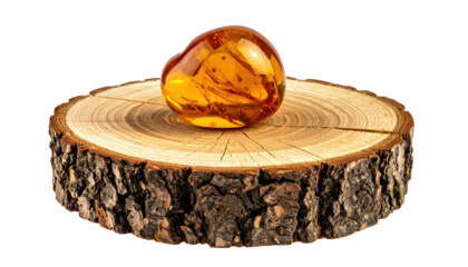 Amber fossil atop a wood slice. Ring patterns visible on wood surface, rough bark on edges. Isolated on black backdrop