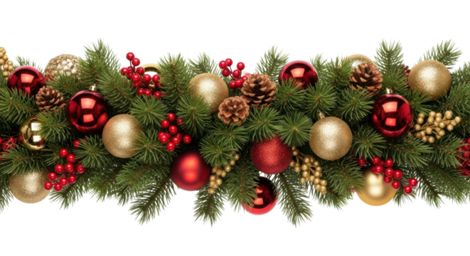 Festive Christmas pine garland border with red and gold ornaments and holly berries isolated PNG with Transparent Background