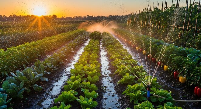 Agricultural Irrigation System at Sunset Watering Crops in Rows on a Farm