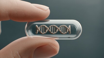 Human Finger Holding Transparent Capsule with Helix Design, Representing DNA, Genetic Research, and Modern Medicine Concepts