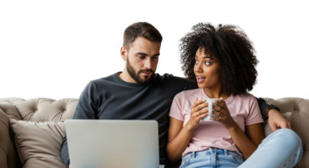 Diverse young couple sitting on couch using laptop computer for shopping, streaming, or planning. 