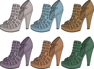 A colorful collection of stylish women's high-heeled sandals, featuring diverse color variations and intricate strap designs, perfect for contemporary fashion and elegant occasions