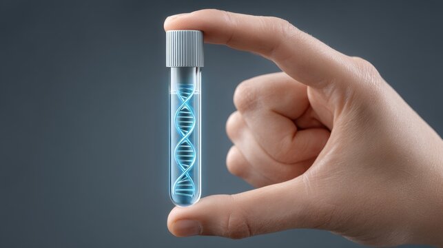 Scientist Holding Holographic Gene Structure in Test Tube, Symbolizing Advances in Genetic Research and Biotechnology Innovations