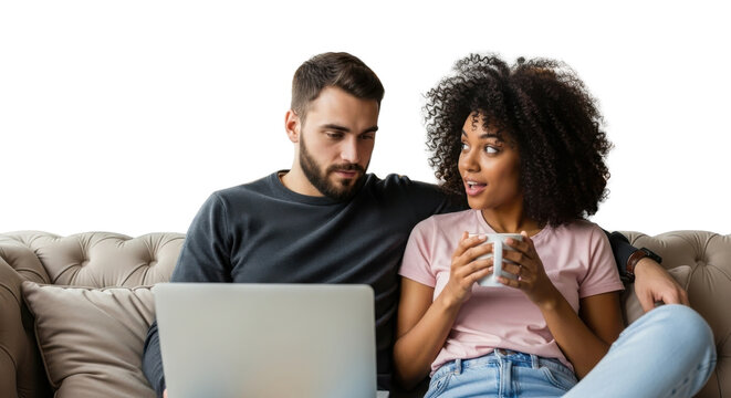 Diverse young couple sitting on couch using laptop computer for shopping, streaming, or planning.