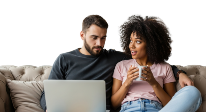 Diverse young couple sitting on couch using laptop computer for shopping, streaming, or planning. 