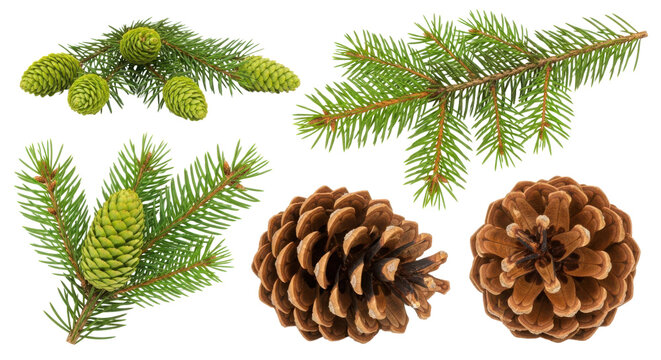 Natural collection of pine cones and evergreen fir branches for winter holiday design elements isolated PNG with Transparent Background